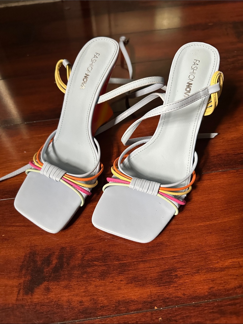 Fashion Nova White Square-Toe Heels with Pink, Orange & Yellow Straps